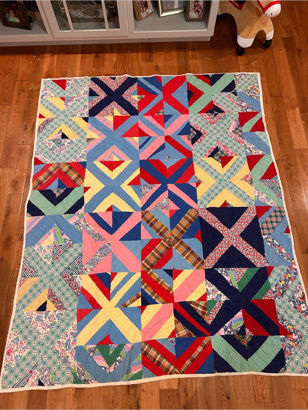 Colorful Patchwork X-Block Quilt - Multi Color Handmade Vintage!